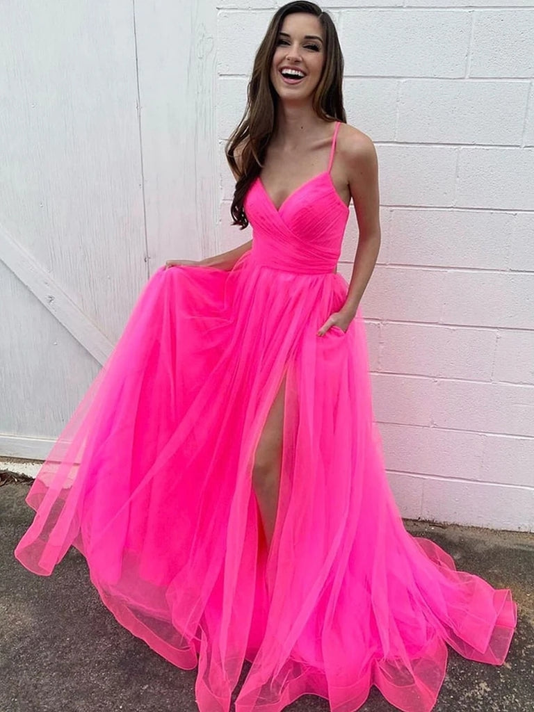 V Neck Hot Pink Long Prom Dresses ...